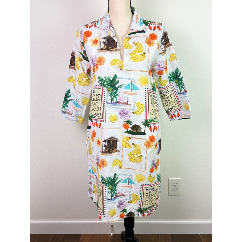 Terzo Millennio Italy Tropical Novelty Print Linen Cotton Dress Coastal Small